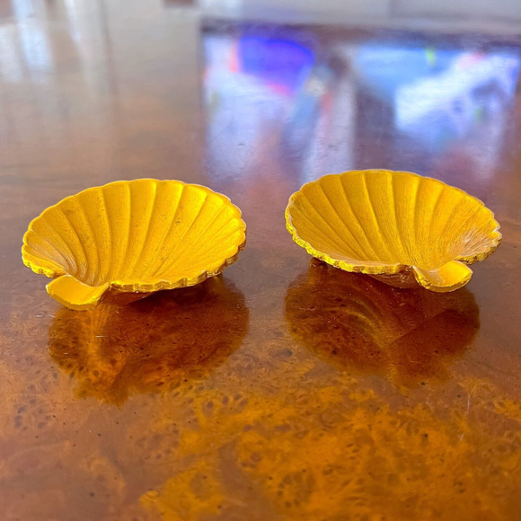 PAIR 3in Vintage Solid Brass Gold Clam Sea Shell Scallop Footed Trinket Dish - Picture 3 of 7